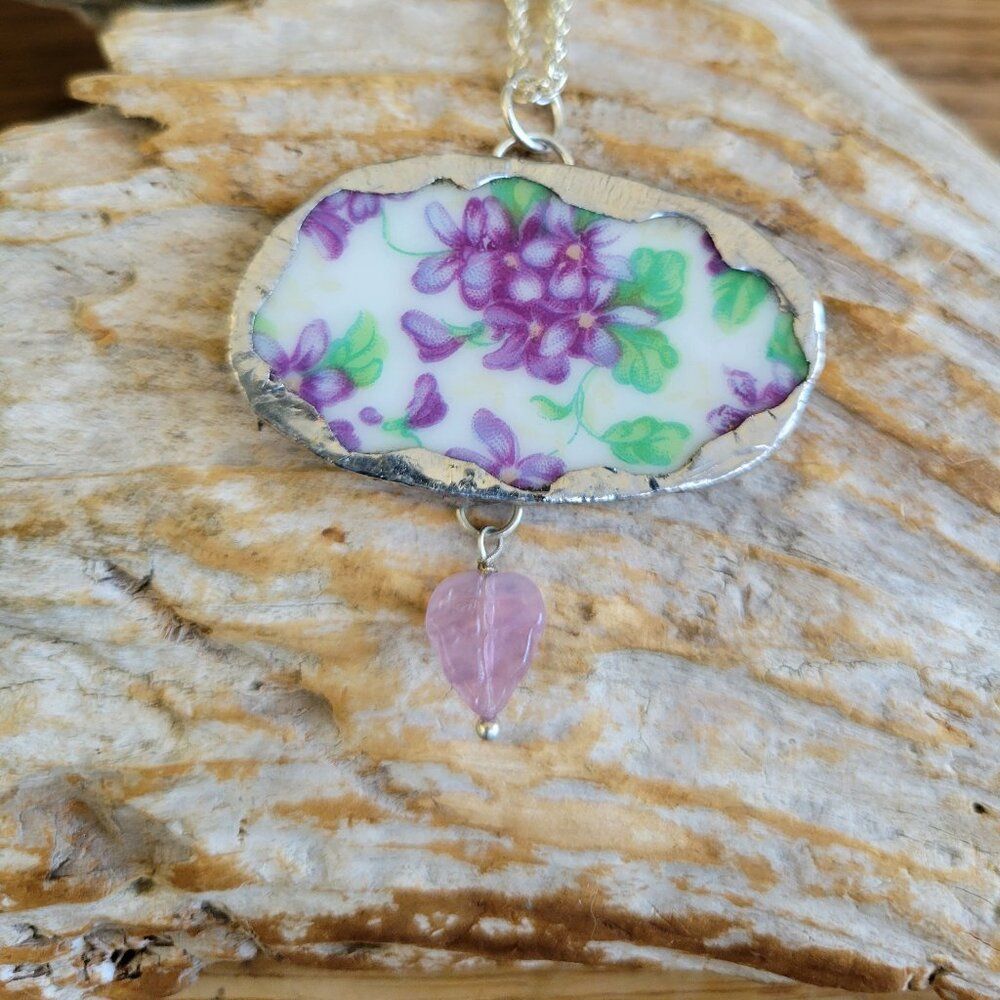 Broken China Purple Pansy Soldered Pendant Necklace